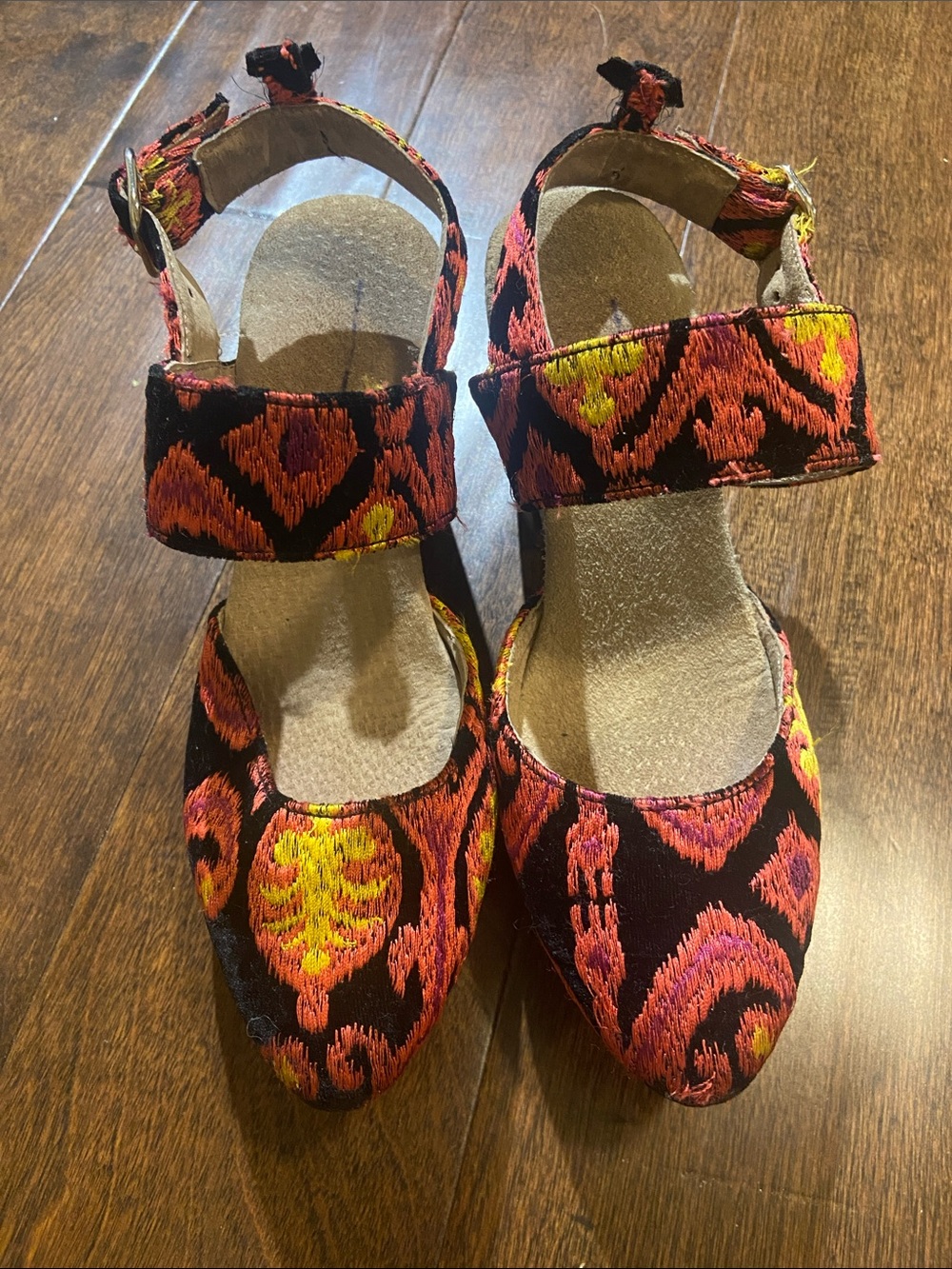 Women’s Embroidered Ankle-Strap Flats in Black with Orange & Yellow Pattern